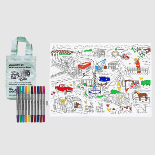 Eat Sleep Doodle Colour-in Placemat to Go - Working Wheels Design