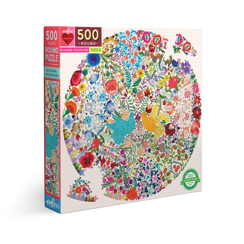 Eeboo 500 Piece Round Puzzle - Blue Bird, Yellow Bird